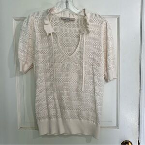 Eyelet cream tie neck sweater blouse